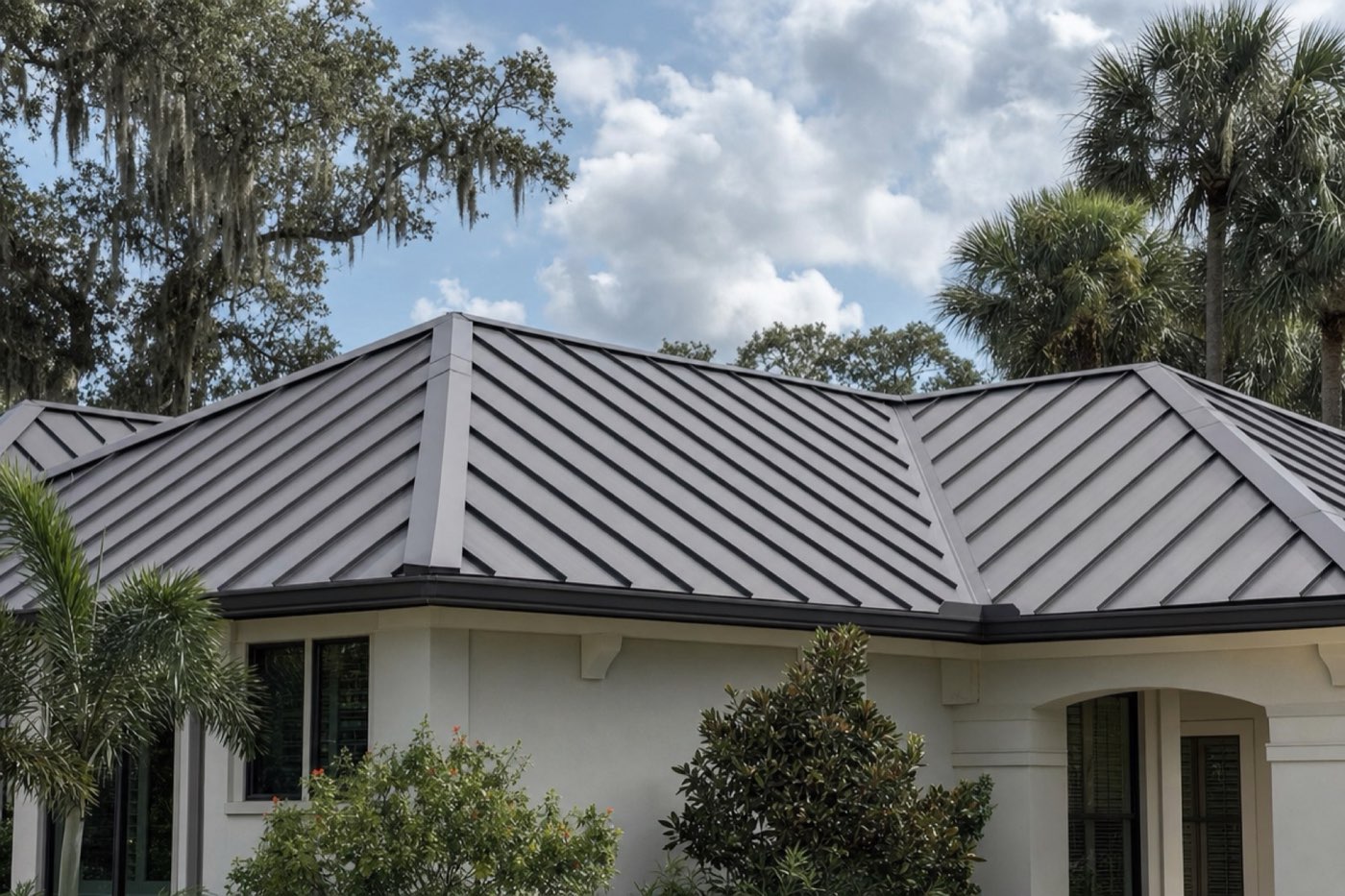 Standing seam metal roof on a Jacksonville, Florida home with visible raised seams, ridge cap and eave edge