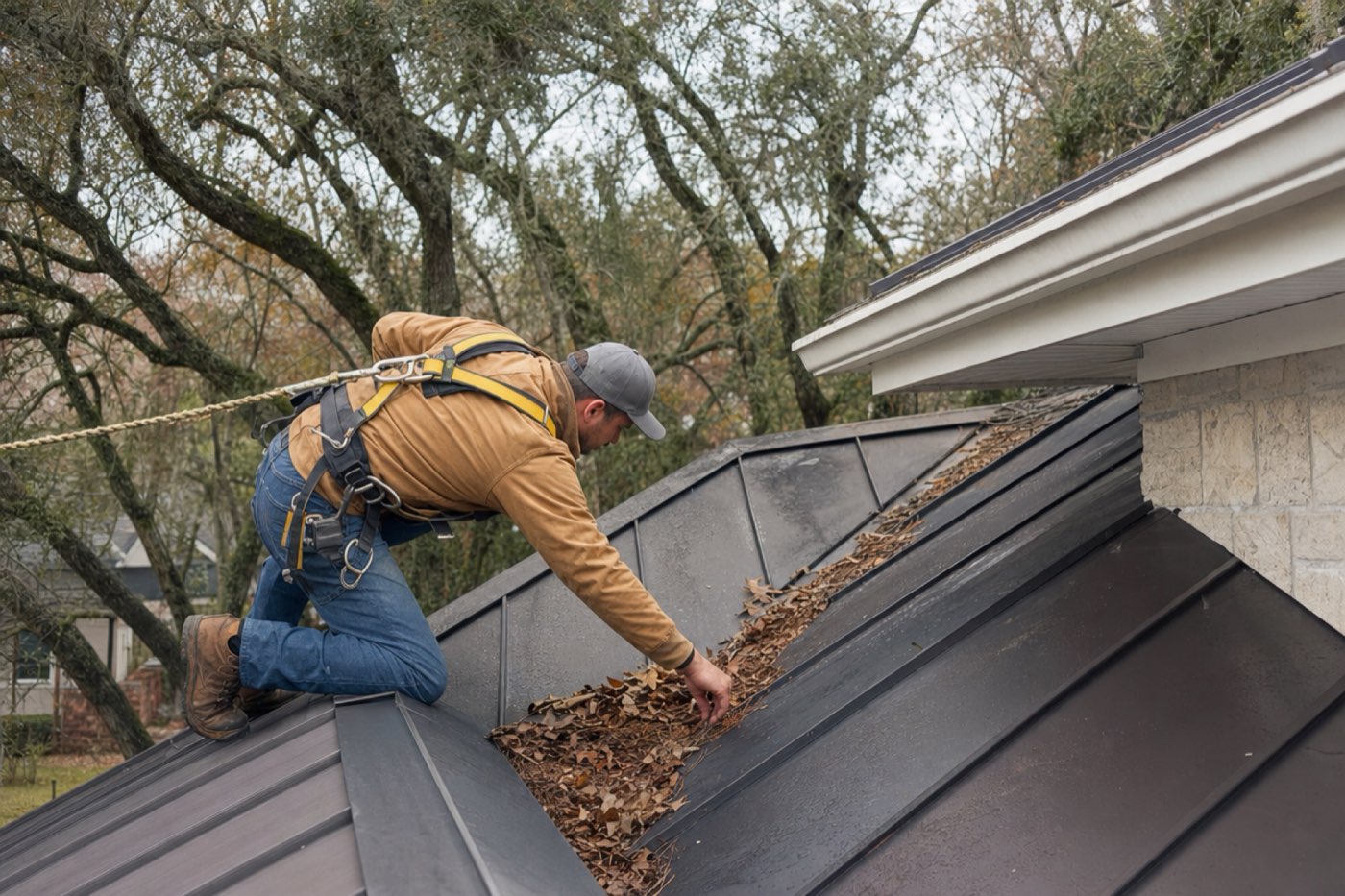 Roofer inspecting a leaf-filled metal roof valley on a Jacksonville home beneath oak trees in autumn