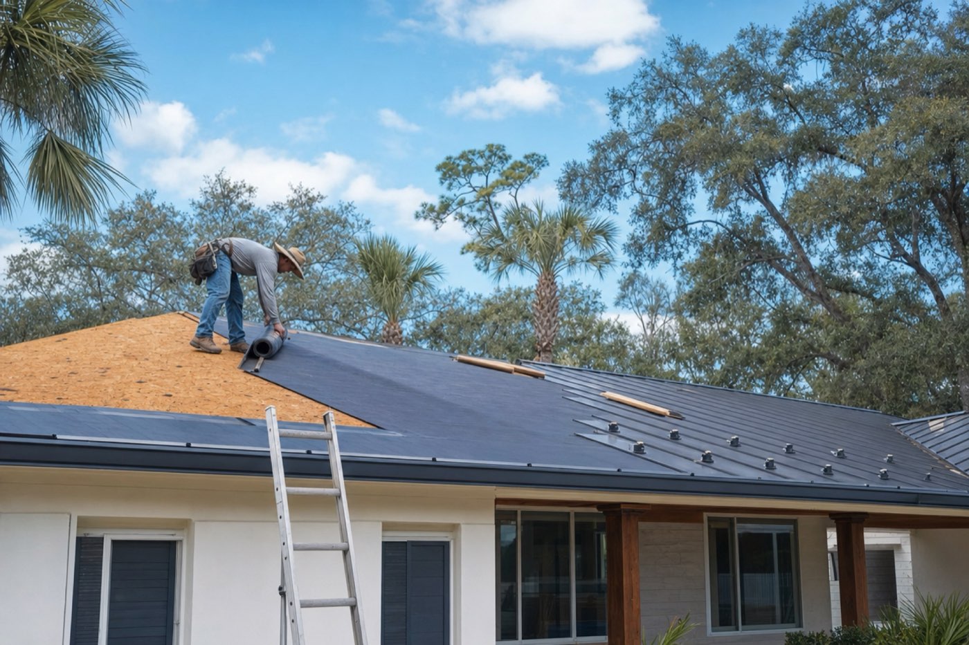 Roofer laying dark peel and stick underlayment on a roof deck beside standing seam metal panels on a Florida home