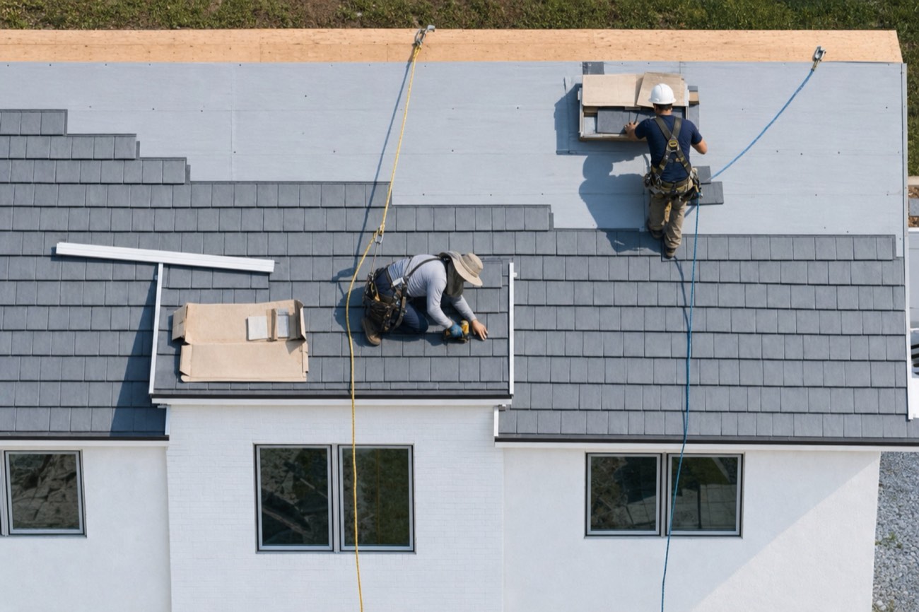 Metal shingle roof half installed over synthetic underlayment