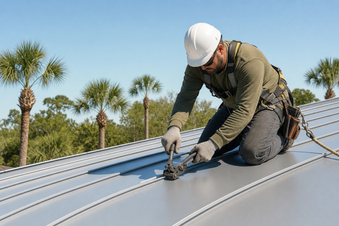 A roofer in a safety harness closing a seam on a standing seam metal roof